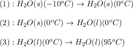 (1):H_2O(s)(-10^oC)\rightarrow H_2O(s)(0^oC)\\\\(2):H_2O(s)(0^oC)\rightarrow H_2O(l)(0^oC)\\\\(3):H_2O(l)(0^oC)\rightarrow H_2O(l)(95^oC)