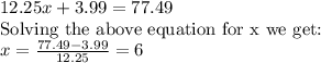 12.25x+3.99=77.49\\\text{Solving the above equation for x we get:}\\x=\frac{77.49-3.99}{12.25}=6