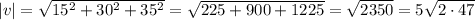 |v| = \sqrt{15^2+30^2+35^2} = \sqrt{225+900+1225}=\sqrt{2350} = 5\sqrt{2\cdot 47}