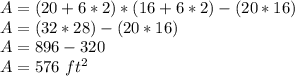 A=(20+6*2)*(16+6*2)-(20*16)\\A=(32*28)-(20*16)\\A=896-320\\A=576\ ft^{2}