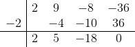 The volume of a rectangular prism is 2x^3+9x^2-8x-36 with height x+2 using synthetic division, what