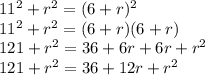 11^2 + r^2 = (6+r)^2\\11^2 + r^2 = (6+r) (6+r)\\121 + r^2 = 36 + 6r + 6r + r^2\\121 + r^2 = 36 + 12r + r^2\\