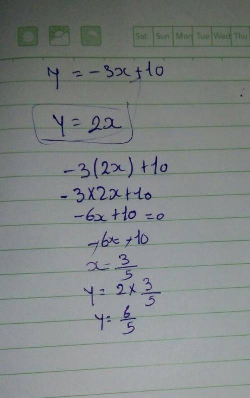 If y=-3x+ 10, give the ordered pair (x,y) for which the y-value is twice the x-value.  . if u do i w