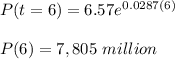 P(t = 6) = 6.57e ^{0.0287(6)}\\\\P(6) = 7,805\ million