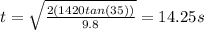 t=\sqrt{\frac{2(1420tan(35))}{9.8} } =14.25s