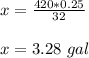 x=\frac{420*0.25}{32}\\\\x=3.28\ gal
