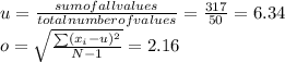 u=\frac{sum of all values}{total number of values} = \frac{317}{50} =6.34\\o = \sqrt{\frac{\sum(x_{i}-u)^{2}  }{N-1} } = 2.16