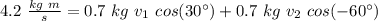 4.2 \ \frac{kg \ m}{s}  = 0.7 \ kg \   v_1 \  cos(30 \°) + 0.7 \ kg \ v_2 \  cos(-60 \°)
