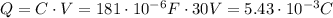 Q = C\cdot V = 181\cdot 10^{-6}F\cdot 30V=5.43\cdot 10^{-3}C