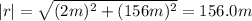 |r| =\sqrt{(2 m)^{2} + (156 m)^{2}} = 156.0 m