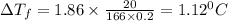 \Delta T_f=1.86\times \frac{20}{166\times 0.2}=1.12^0C