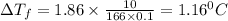 \Delta T_f=1.86\times \frac{10}{166\times 0.1}=1.16^0C