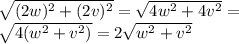 \sqrt{(2w)^{2}+(2v)^{2}  } = \sqrt{4w^{2} +4v ^{2} } = \\  \sqrt{4(w^{2} +v^{2} )}=2 \sqrt{w^{2} +v^{2} }