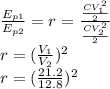 \frac{E_{p1}}{E_{p2}}=r=\frac{\frac{CV_1^2}{2}}{\frac{CV_2^2}{2}}  \\r=(\frac{V_1}{V_2})^2\\r=(\frac{21.2}{12.8})^2
