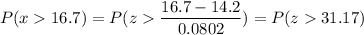 P( x  16.7) = P( z  \displaystyle\frac{16.7 - 14.2}{0.0802}) = P(z  31.17)