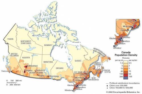 Where is canada’s population density highest?  a. in the cities of northern canada b. in cities in c