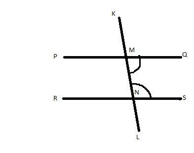 Kari drew two parallel lines pq and rs intersected by a transversal kl, as shown below:  two paralle