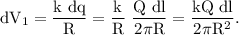 \rm dV_1 = \dfrac{k\ dq}{R}=\dfrac{k}{R}\ \dfrac{Q\ dl}{2\pi R}=\dfrac{kQ\ dl}{2\pi R^2}.