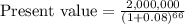\textup{Present value}=\frac{\textup{2,000,000}}{(1+0.08)^{66}}