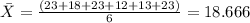 \bar X=\frac{(23+18+23+12+13+23)}{6}=18.666