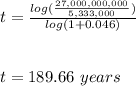 t= \frac{log(\frac{27,000,000,000}{5,333,000})}{log(1+0.046)}\\\\\\t = 189.66\ years