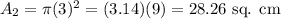 A_2=\pi (3)^2=(3.14)(9)=28.26\text{ sq. cm}