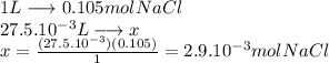 1 L \longrightarrow 0.105 mol NaCl\\27.5.10^{-3}L \longrightarrow x\\x=\frac{(27.5.10^{-3})(0.105)}{1}= 2.9 . 10^{-3}mol NaCl
