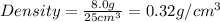 Density=\frac{8.0g}{25cm^3}=0.32g/cm^3