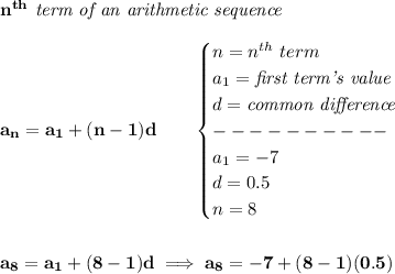 \bf n^{th}\textit{ term of an arithmetic sequence}\\\\&#10;a_n=a_1+(n-1)d\qquad &#10;\begin{cases}&#10;n=n^{th}\ term\\&#10;a_1=\textit{first term's value}\\&#10;d=\textit{common difference}\\&#10;----------\\&#10;a_1=-7\\&#10;d=0.5\\&#10;n=8&#10;\end{cases}&#10;\\\\\\&#10;a_8=a_1+(8-1)d\implies a_8=-7+(8-1)(0.5)