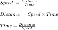 Speed \; = \frac{Distance}{Time} \\ \\ Distance \; =Speed \times Time\\ \\ Time =\frac{Distance}{Speed}