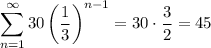 \displaystyle\sum_{n=1}^\infty30\left(\frac13\right)^{n-1}=30\cdot\frac32=45
