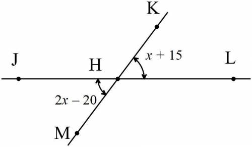 2intersecting lines are shown. a line with points m, h, k intersects a line with points j, h, l at p