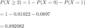 P(X\geq 2)= 1-P(X=0)-P(X=1)\\\\=1-0.01822-0.0897\\\\=0.892082