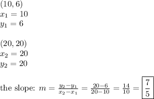 (10,6) \\&#10;x_1=10 \\ y_1=6 \\ \\&#10;(20,20) \\&#10;x_2=20 \\ y_2=20 \\ \\&#10;\hbox{the slope: } m=\frac{y_2-y_1}{x_2-x_1}=\frac{20-6}{20-10}=\frac{14}{10}=\boxed{\frac{7}{5}}