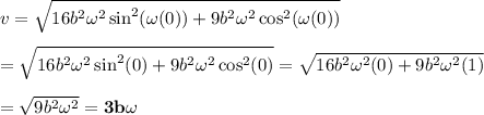 v=\sqrt{16b^2\omega^2\sin^2(\omega (0))+9b^2\omega^2\cos^2(\omega (0))} \\  \\ =\sqrt{16b^2\omega^2\sin^2(0)+9b^2\omega^2\cos^2(0)}=\sqrt{16b^2\omega^2(0)+9b^2\omega^2(1)} \\  \\ = \sqrt{9b^2\omega^2} =\bold{3b\omega}
