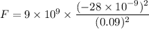 F=9\times 10^9\times \dfrac{(-28\times 10^{-9})^2}{(0.09)^2}