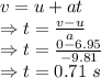 v=u+at\\\Rightarrow t=\frac{v-u}{a}\\\Rightarrow t=\frac{0-6.95}{-9.81}\\\Rightarrow t=0.71\ s