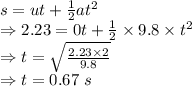 s=ut+\frac{1}{2}at^2\\\Rightarrow 2.23=0t+\frac{1}{2}\times 9.8\times t^2\\\Rightarrow t=\sqrt{\frac{2.23\times 2}{9.8}}\\\Rightarrow t=0.67\ s