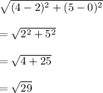\sqrt{(4-2)^2+(5-0)^2}\\\\=\sqrt{2^2+5^2}\\\\=\sqrt{4+25}\\\\=\sqrt{29}