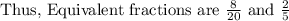 \text{Thus, Equivalent fractions are } \frac{8}{20}\text{ and }\frac{2}{5}