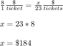\frac{8}{1} \frac{\$}{ticket} =\frac{x}{23} \frac{\$}{tickets}\\ \\x=23*8\\ \\x=\$184