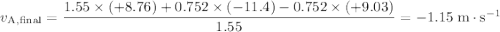 v_{\text{A,final}} = \dfrac{1.55 \times (+8.76) + 0.752 \times (-11.4)-0.752 \times (+9.03)}{1.55} = -1.15\;\text{m}\cdot\text{s}^{-1}