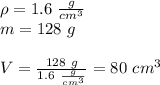 \rho=1.6 \ \frac{g}{cm^3} \\&#10;m=128 \ g \\&#10;\\ V=\frac{128 \ g}{1.6 \ \frac{g}{cm^3}}=80 \ cm^3