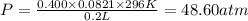 P=\frac{0.400\times 0.0821\times 296K}{0.2L}=48.60atm