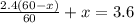 \frac{2.4(60-x)}{60}+x=3.6