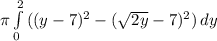 \pi  \int\limits^2_0 {((y-7)^2- (\sqrt{2y}-7)^2) } \, dy