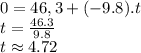 0 = 46,3  + (-9.8).t \\ &#10;t =   \frac{46.3}{9.8}  \\ &#10;t \approx 4.72 &#10;&#10;