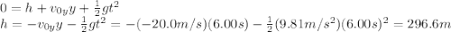0 = h + v_{0y} y + \frac{1}{2}gt^2\\h = -v_{0y} y - \frac{1}{2}gt^2=-(-20.0 m/s)(6.00 s) - \frac{1}{2}(9.81 m/s^2)(6.00 s)^2=296.6 m