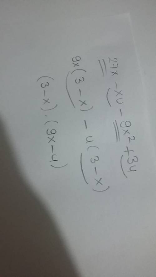 Factor by grouping 27x-xu-9x^2+3u