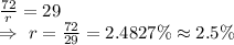 \frac{72}{r}=29\\\Rightarrow\ r=\frac{72}{29}=2.4827\%\approx2.5\%